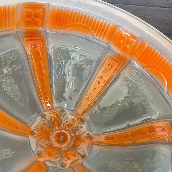 Vintage Art Deco Shade Ceiling Light Fixture Frosted Glass w/ Orange Etched MCM - Picture 10 of 16